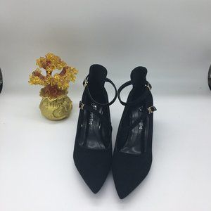 Eastanna Black Point Toe Retro Ankle Strap Mid Heels Dress Pump